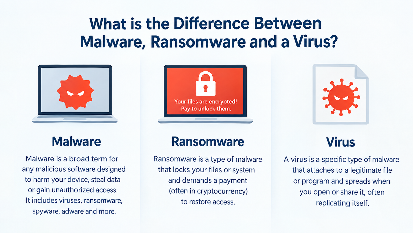 What is the Difference Between Malware, Ransomware and a Virus