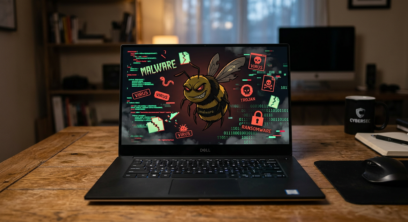 Firefly_Gemini Flash_A laptop on a desk facing me with an animated bumblebee with a sinister look on its f 84482