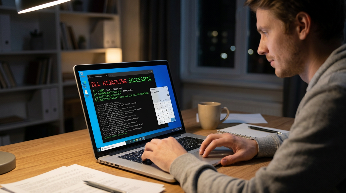 Firefly_Gemini Flash_Laptop on a desk showing a dll hijacking on the screen. 144637